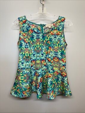 Olive & Oak Teal Colorful Floral Peplum Flared Blouse